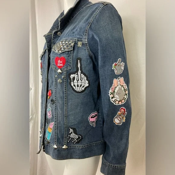 Embellished Patchwork Beaded Denim Jean Jacket Upcycled Jean Jacket Size XXL - Picture 7 of 10